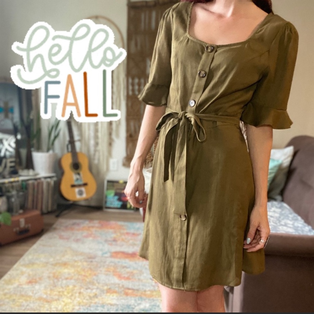 Olive Green Flounce Sleeve Dress - Picture 1 of 6